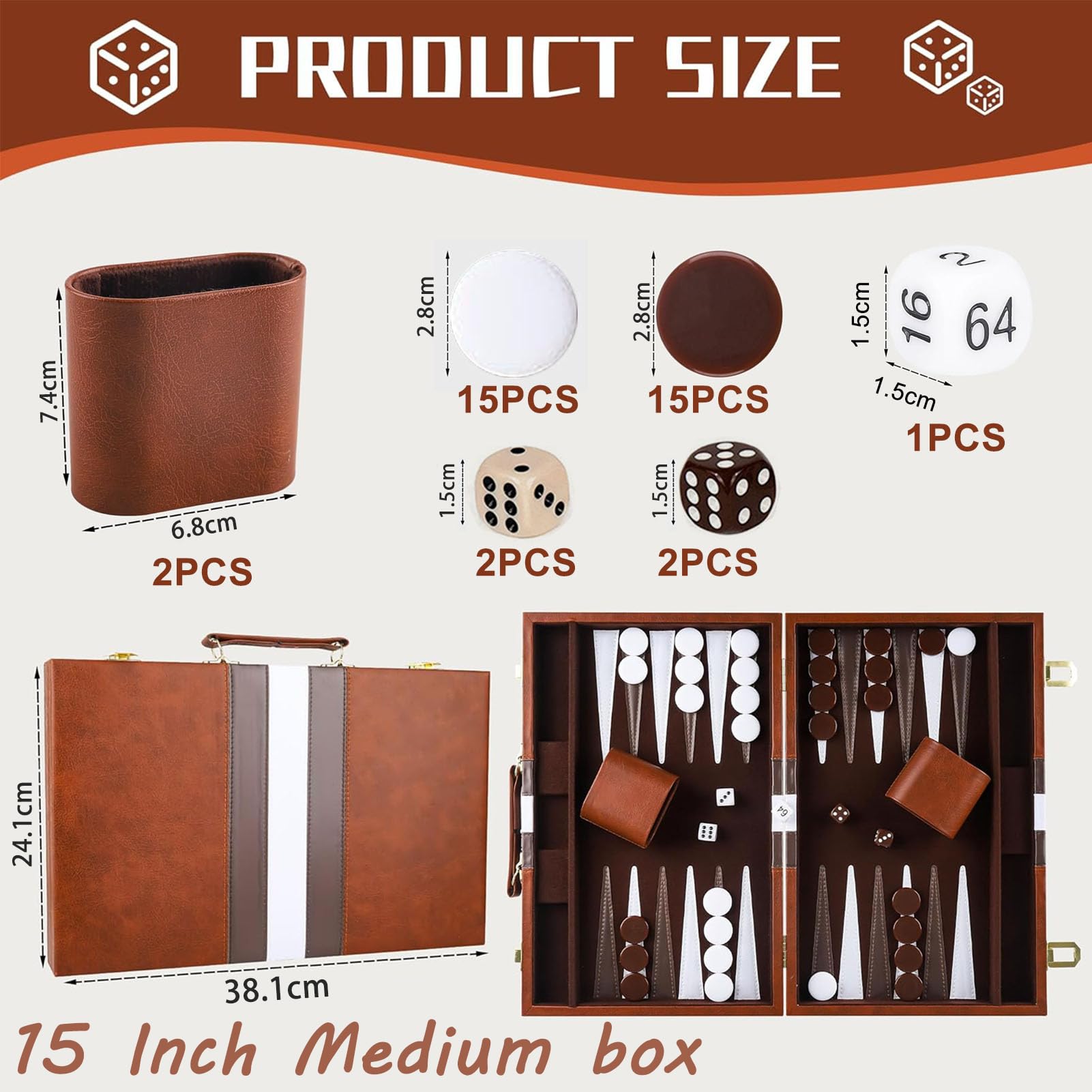 Backgammon Valise en bois 38 cm pour 2 joueurs - Classique - Avec étui en cuir de qualité supérieure - Portable et avec gobelet à dés - Pour les campeurs et les fans de voyage
