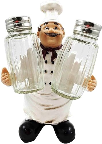 Ebros French Fat Bistro Chef Hugging Seasons and Spice Salt Pepper Shaker Holder Figurine Stand Iron Chef Sous Food Taster Cook Decor Statue
