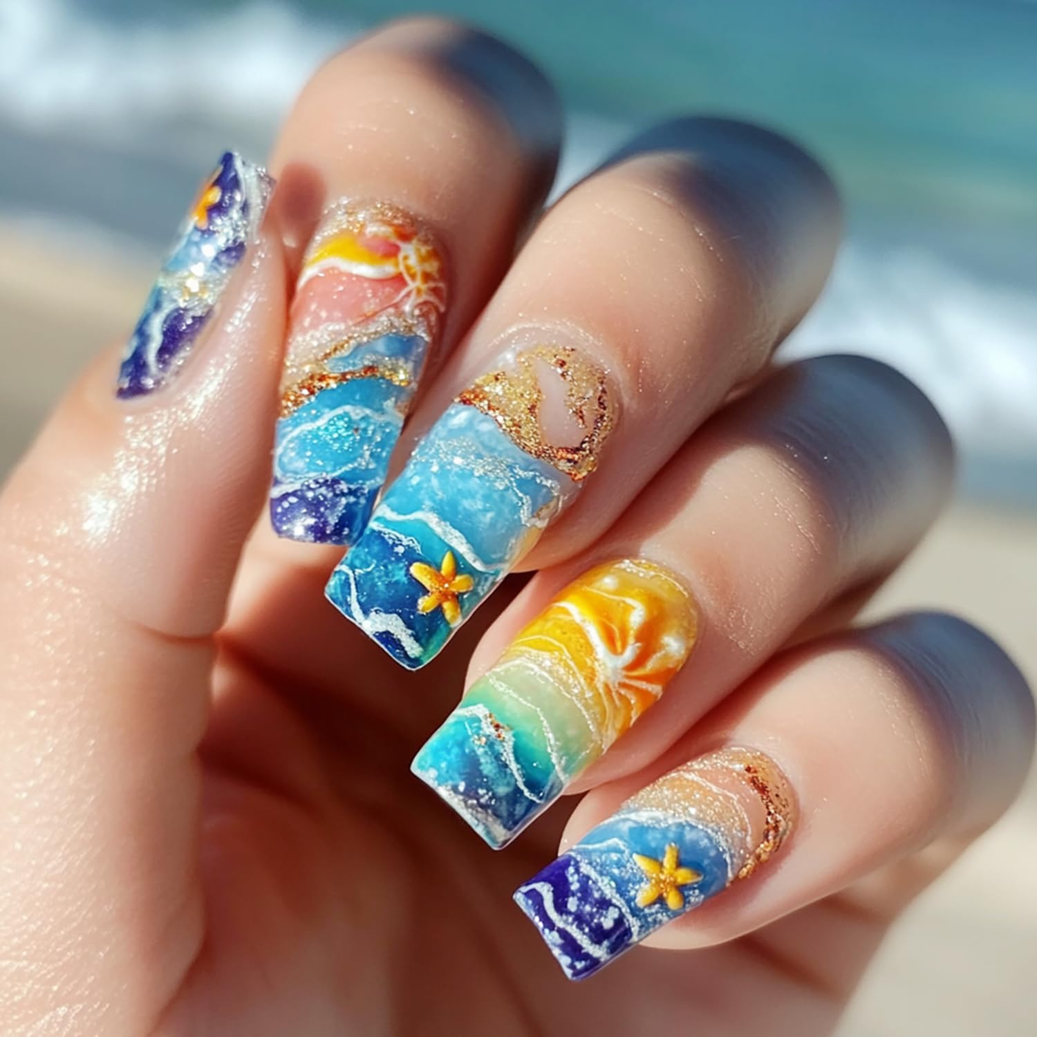 Summer Beach Press on Nails - Starfish Waves Design