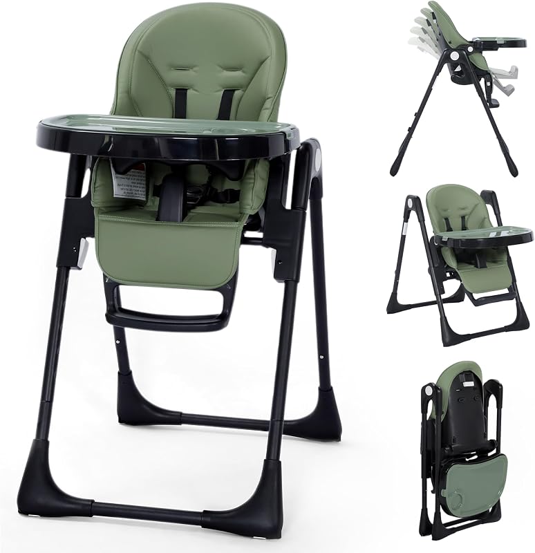 Kinder King Foldable High Chair for Babies and Toddlers, Reclining Seat | Baby Feeding High Chair with 6 Heights, Removable Double Tray, Space-Saving Compact Fold, 2 Built-in Wheels, Easy to Clean