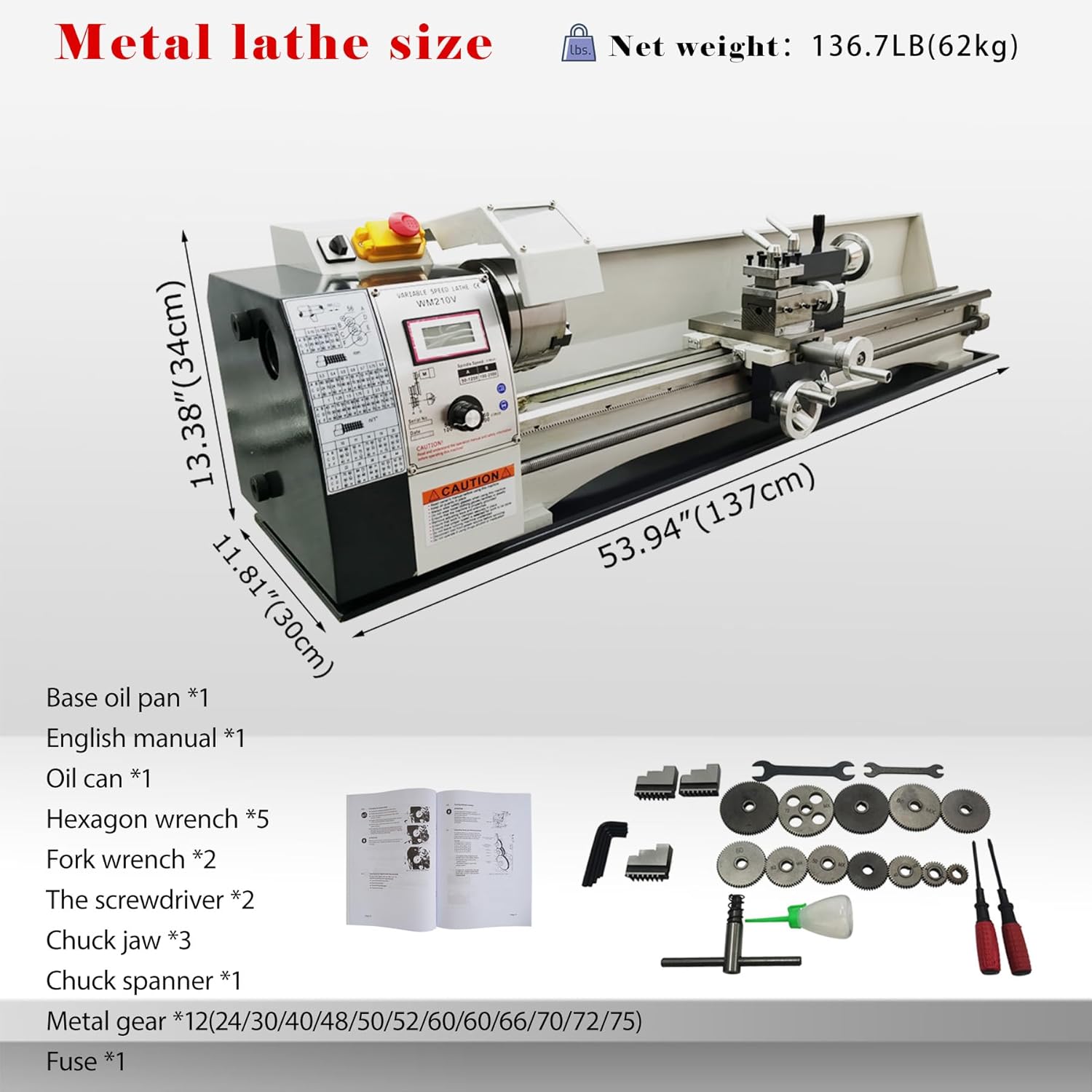 Metal Bench Lathe Benchtop Inch thread Mini Metal Lathe Variable Speed 8"*39" for Woodworking Metalworking 4-Way Tool Post, 50-2500rmp Three-Jaw Chuck 110V 1100W
