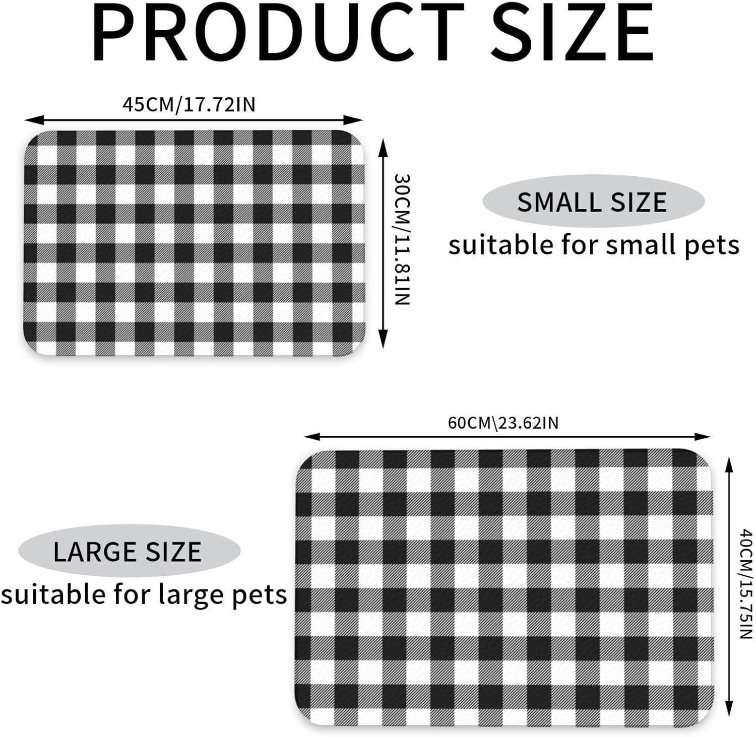 Black Plaid Leather Absorbent Pet Feeding Mat Non-Slip for Dogs Cats 40x60cm