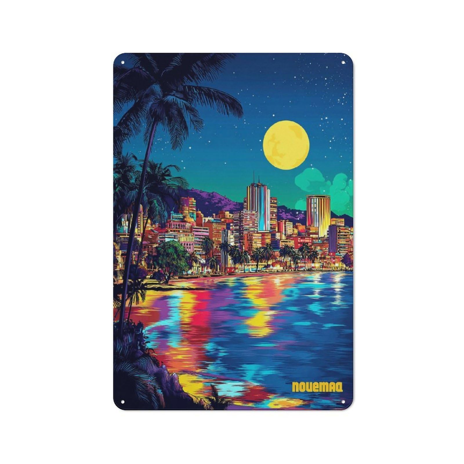 Junmoney Neon Cityscape By The Sea Vintage Tin Sign 30X20cm For Home Office Or Studio, For Vintage Wall Decor Fans, For Cafés, Pubs And Restaurants
