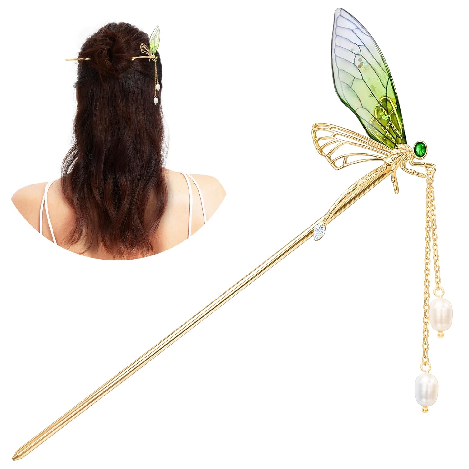 Hair Accessories，14k Gold Plated Copper，Vintage Handcrafted，Colour Enamels Green Dragonfly Tassels Hair Stick，5.90"Hair Clip.Hair Chopsticks For Women