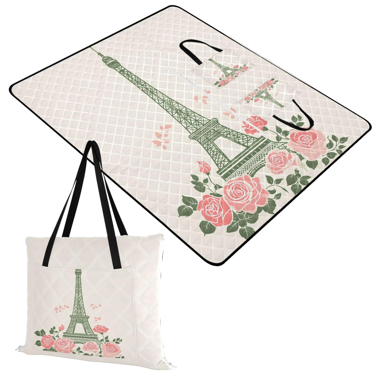 Flradish Vintage Eiffel Tower in Paris Picnic Blankets,Foldable Hand Bag Beach Blanket with Carry Strap Waterproof Sandproof Outdoor Blankets for Camping Park Travel 80x108 Inches