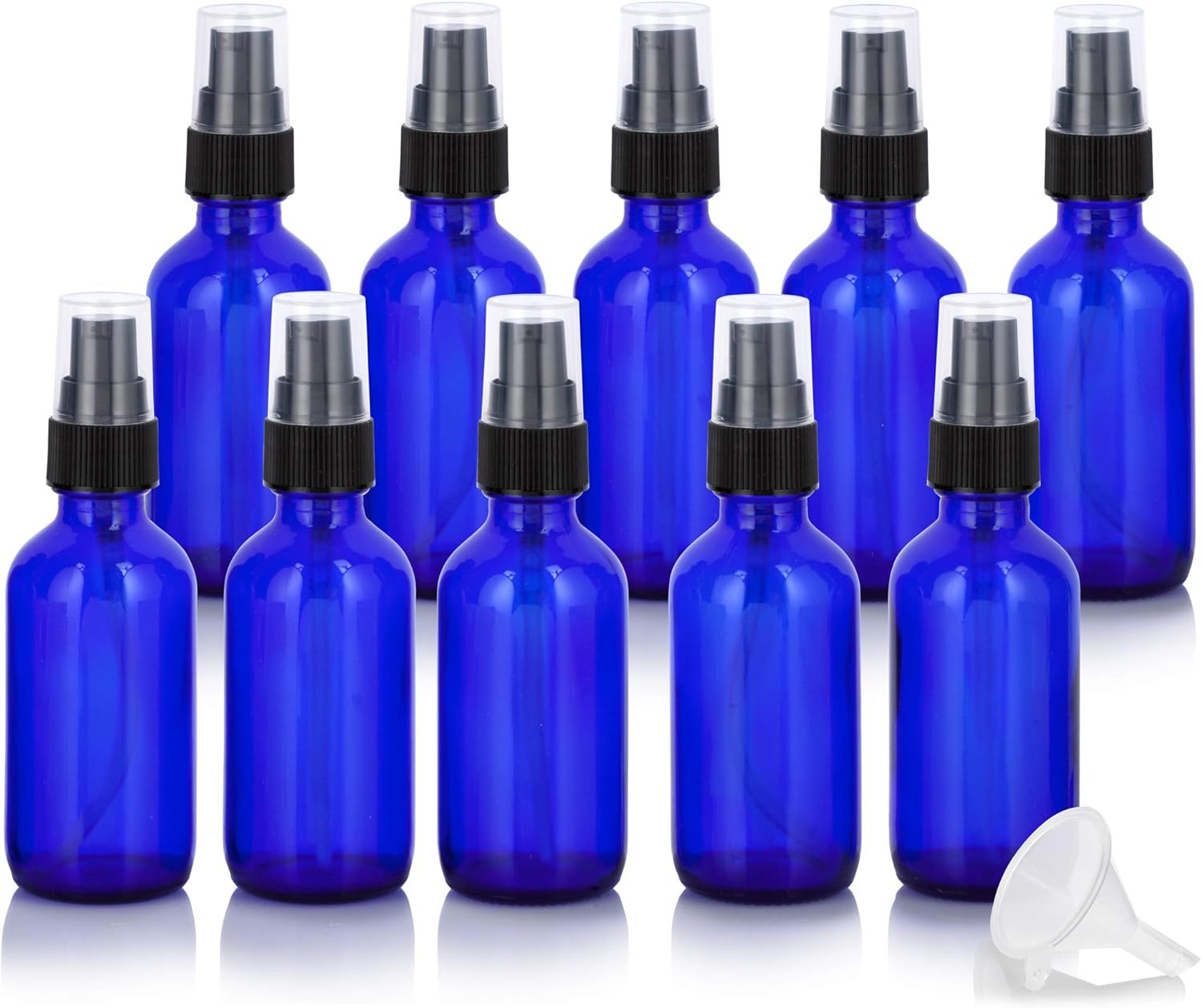 JUVITUS 2 oz Cobalt Blue Glass Boston Round Black Treatment Pump Bottle + Funnel (10 Pack)