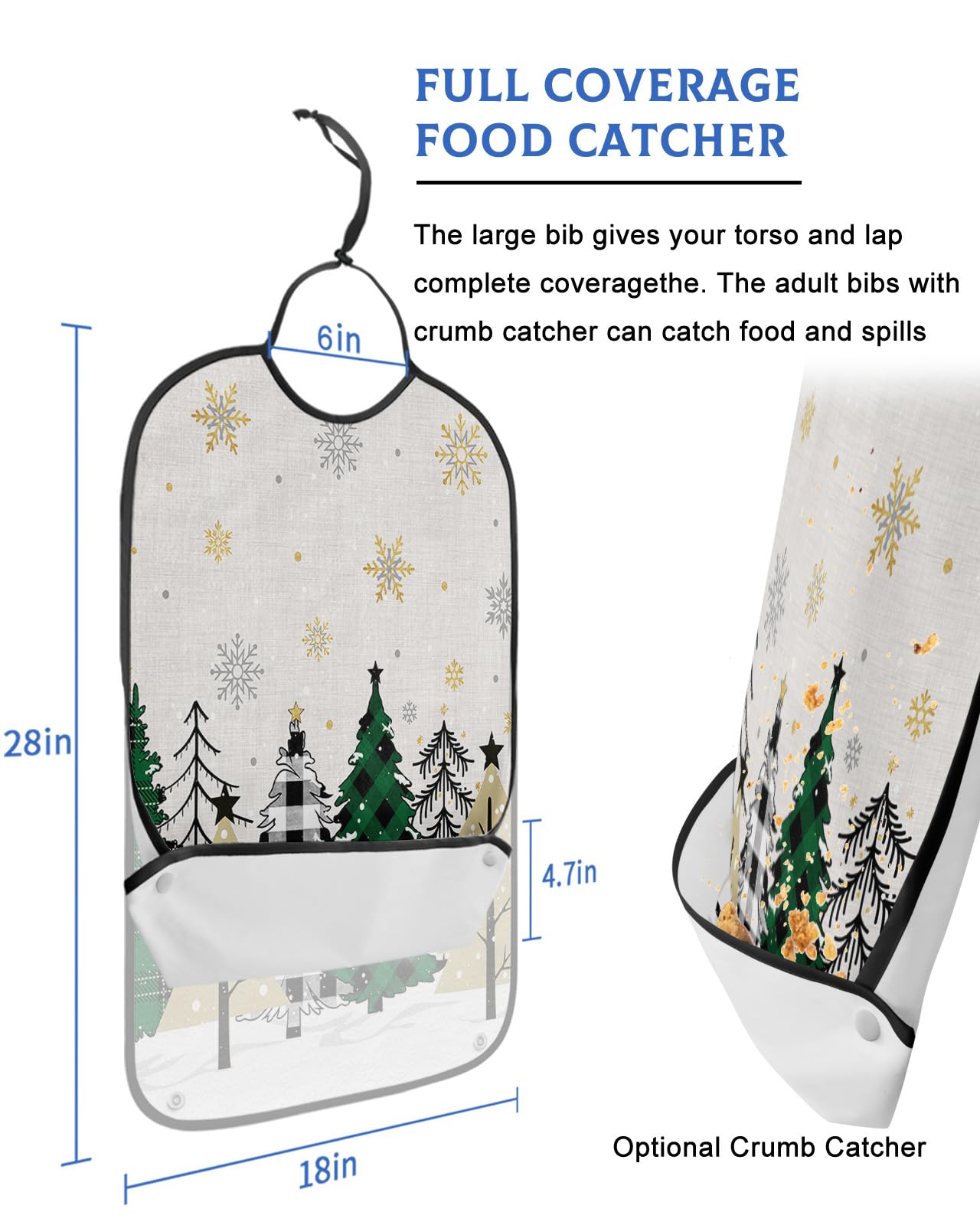 Adult Bibs for Elderly Women - Christmas Tree Waterproof Dining Clothing Protectors with Crumb Catcher for Eating/Feeding, Green Beige Black Xmas Tree Winter Snowflake Terry Cloth Bib Machine Washable