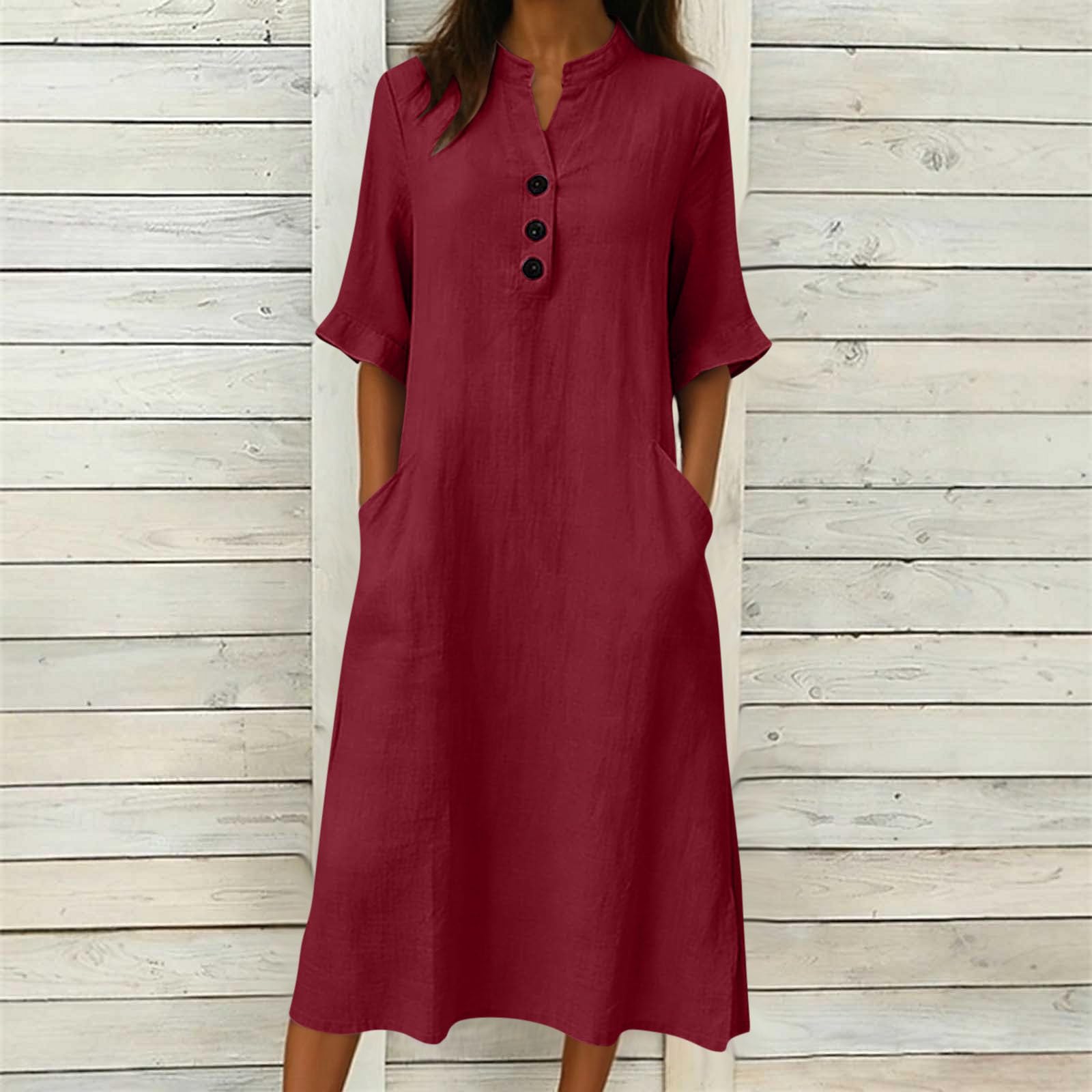 Musselin Kleid Damen Lang Sommerkleid Damen 3/4 Arm Leinenkleid Sommer Shirtkleider Casual V-Ausschnitt Hemdblusenkleid A Linien Hohe Taille Strandkleid Leicht und Luftig Freizeitkleid mit Taschen