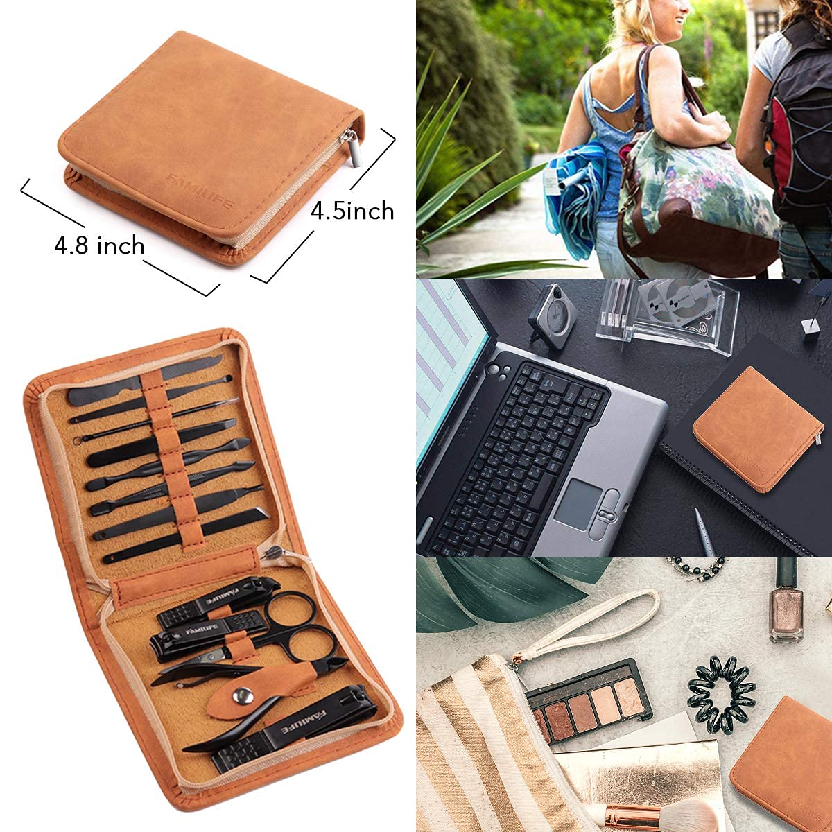 FAMILIFE Manicure Set, Professional Manicure Kit Nail Clippers Set 13pcs Stainless Steel Pedicure Tools Kit Grooming Kit with Portable Brown Leather Travel Case for Women Girl Men : Beauty & Personal Care