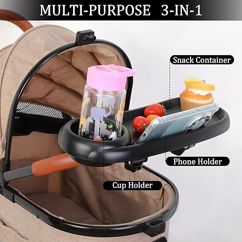 Miniatura 2 de Bandeja para refrigerios para cochecito, 3 en 1 con soporte para teléfono y paquete de 2 ganchos de corazón de amor, accesorio para bandeja de