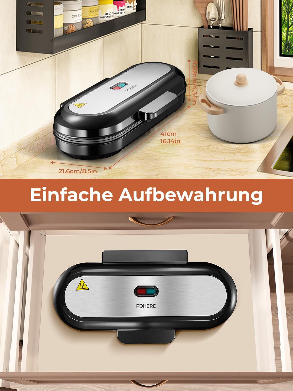 FOHERE King Size Waffeleisen, 15 Herzwaffeln in 2 Minuten, Herzwaffeleisen mit 3 Antihaftbeschichteten Backflächen für klassische Herzwaffeln, Backampel, Edelstahl, ideal für Familie & Party (silbern)