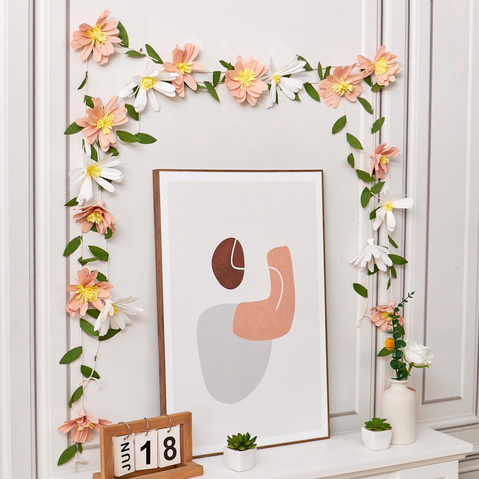 Papierblumengirlande, Papierblätter, Banner, Rebenblumen mit grünen Blättern, Krepp-Blumengirlande, Dekorationen für Wand, Jahrestag, Hochzeit, Geburtstag, Bogendekoration, Blumengirlande (2,5 m), 2