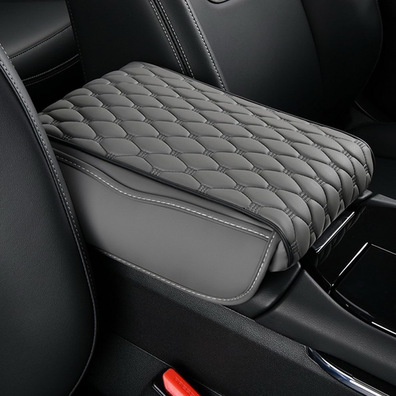 Center Console Armrest Cover, Universal Leather Waterproof Armrest Seat Box Cover Protector, Car Armrest Cover Cushion with 2 Storage Bags(Black) (Gray)