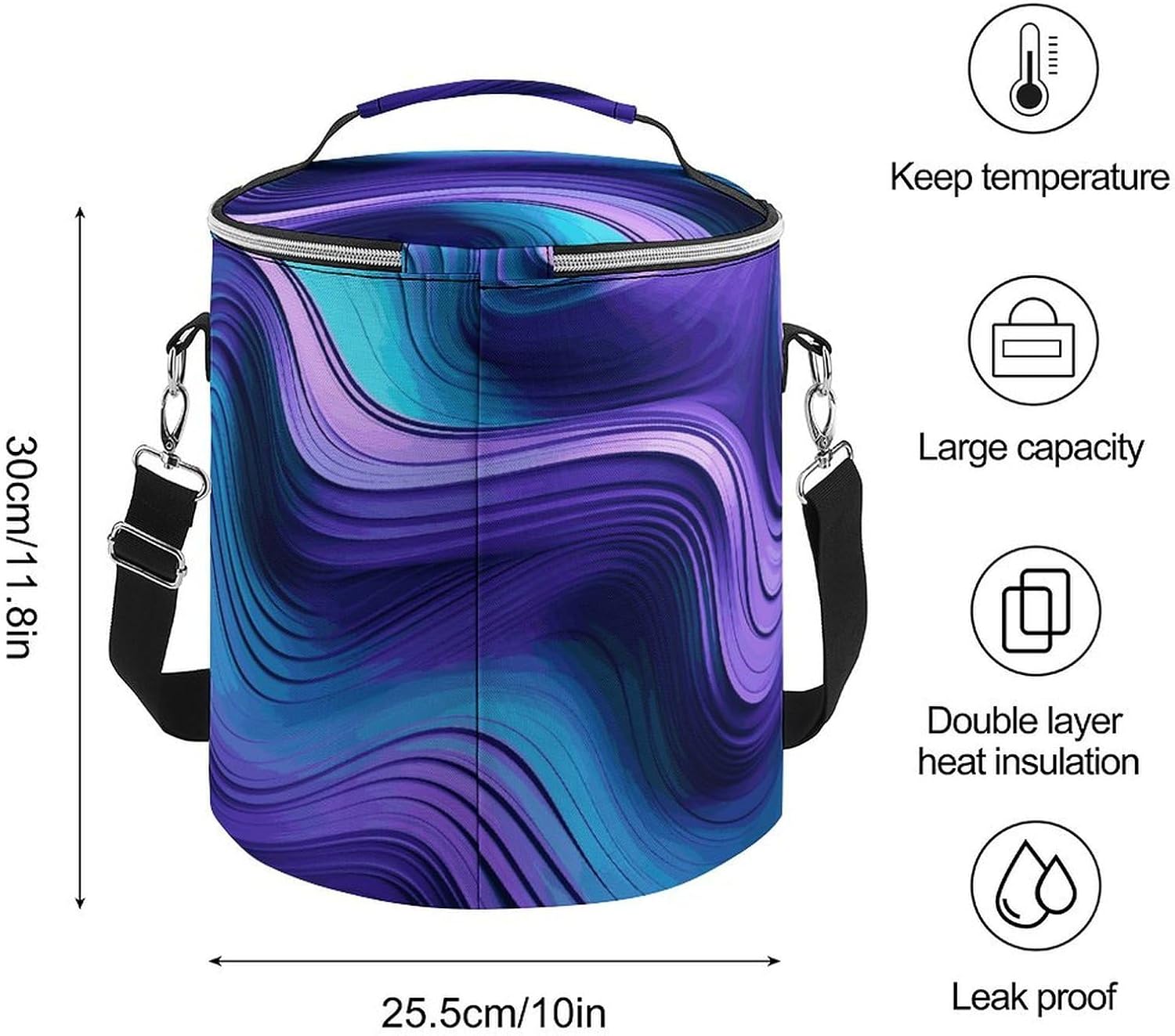 Wavy Purple Lunch Bag 15L, Insulated Picnic Basket with Leakproof Design - Large Cooler Tote for Camping, Beach, Hiking & Groceries
