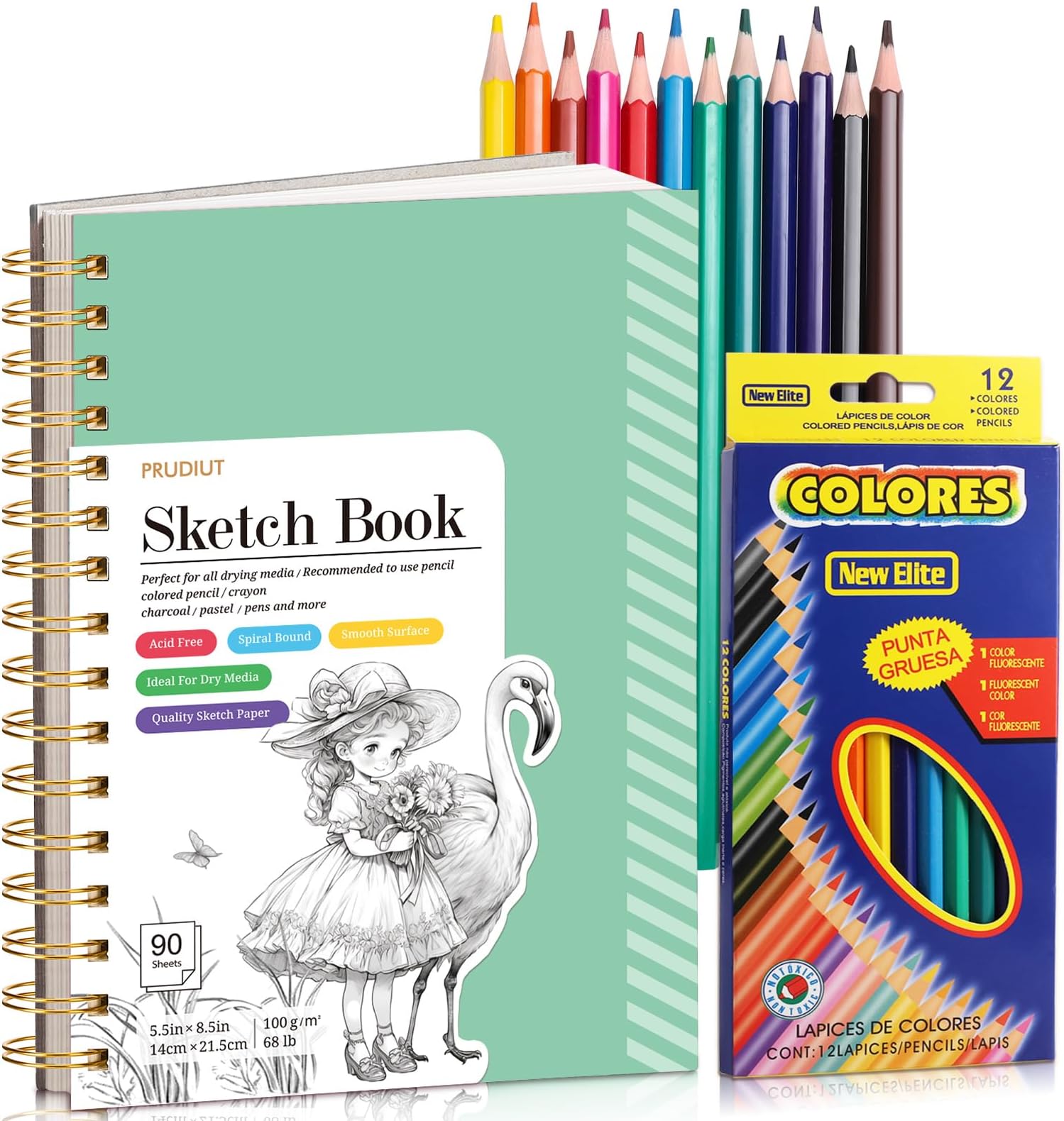 Sketch Book with 12 Color Pencil Set, 90 Sheets Spiral Sketchbook for Drawing (68lb/100gsm), Acid-Free Sketch Pad for Artist, Art Paper Drawing Supplies for Gifts(Green)