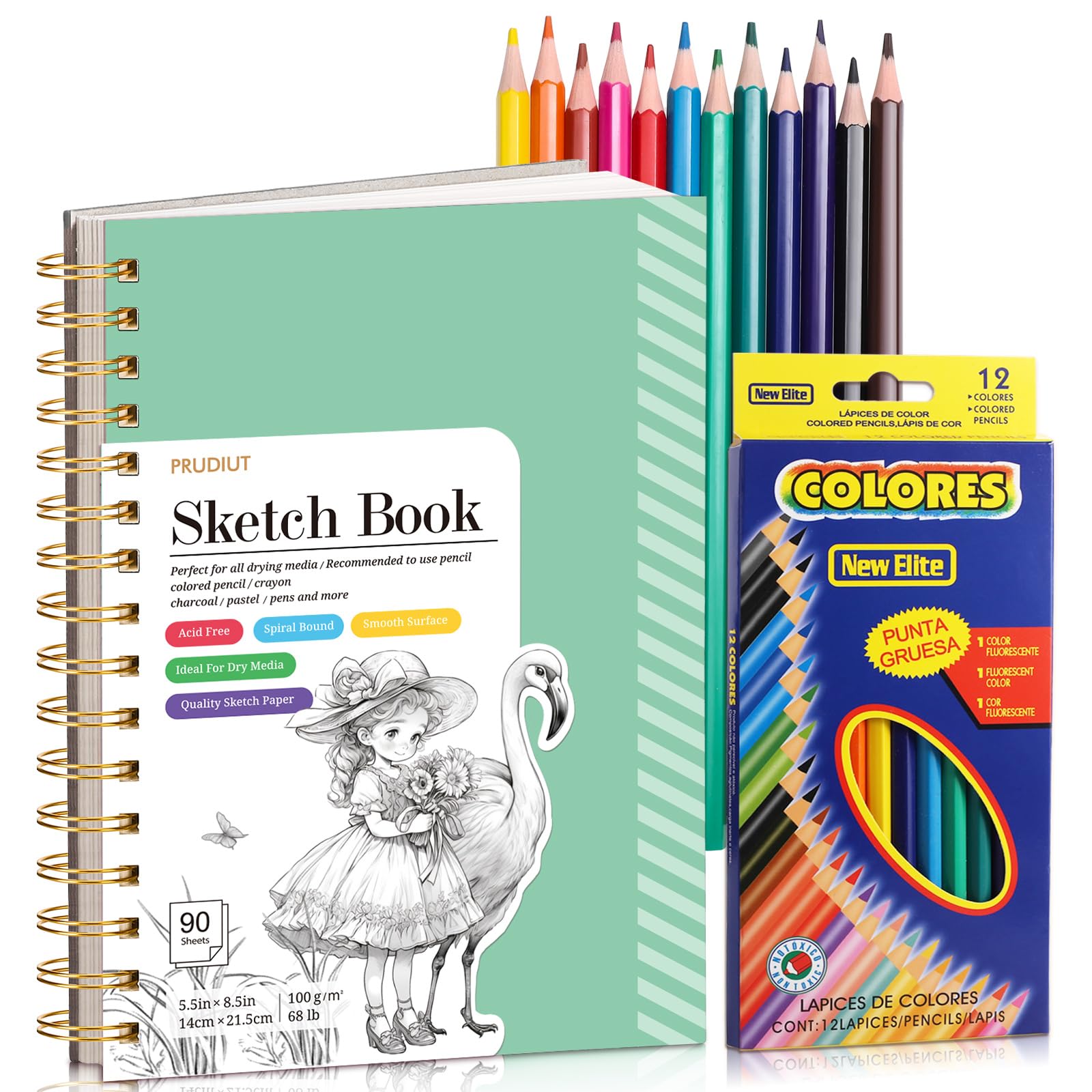 Sketch Book with 12 Color Pencil Set, 90 Sheets Spiral Sketchbook for Drawing (68lb/100gsm), Acid-Free Sketch Pad for Artist, Art Paper Drawing Supplies for Gifts(Green)
