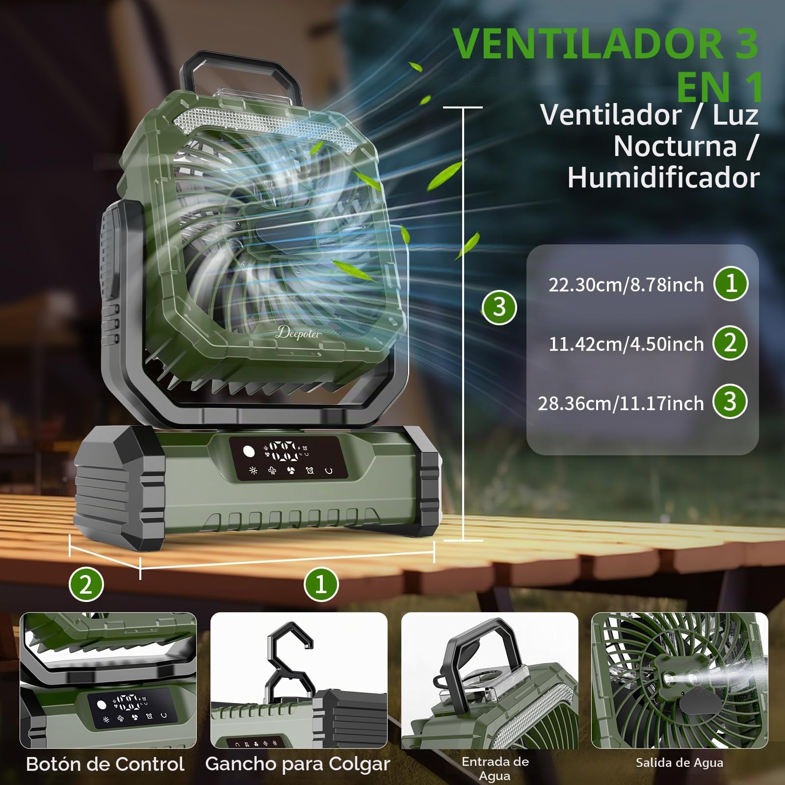 Ventilador Camping 20000mAh con Nebulizador, Ventilador Portátil Recargable Escritorio con Luz LED, Control Remoto y Gancho para Ufficio, Tienda, Exterior Viajes, Spiaggia, Pesca - Verde
