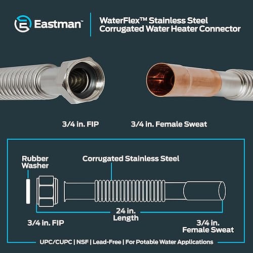 Miniatura 6 de Eastman Conector de calentador de agua de acero inoxidable corrugado, conexión de sudor hembra de 34 pulgadas FIP x 34 pulgadas, 24 pulgadas de