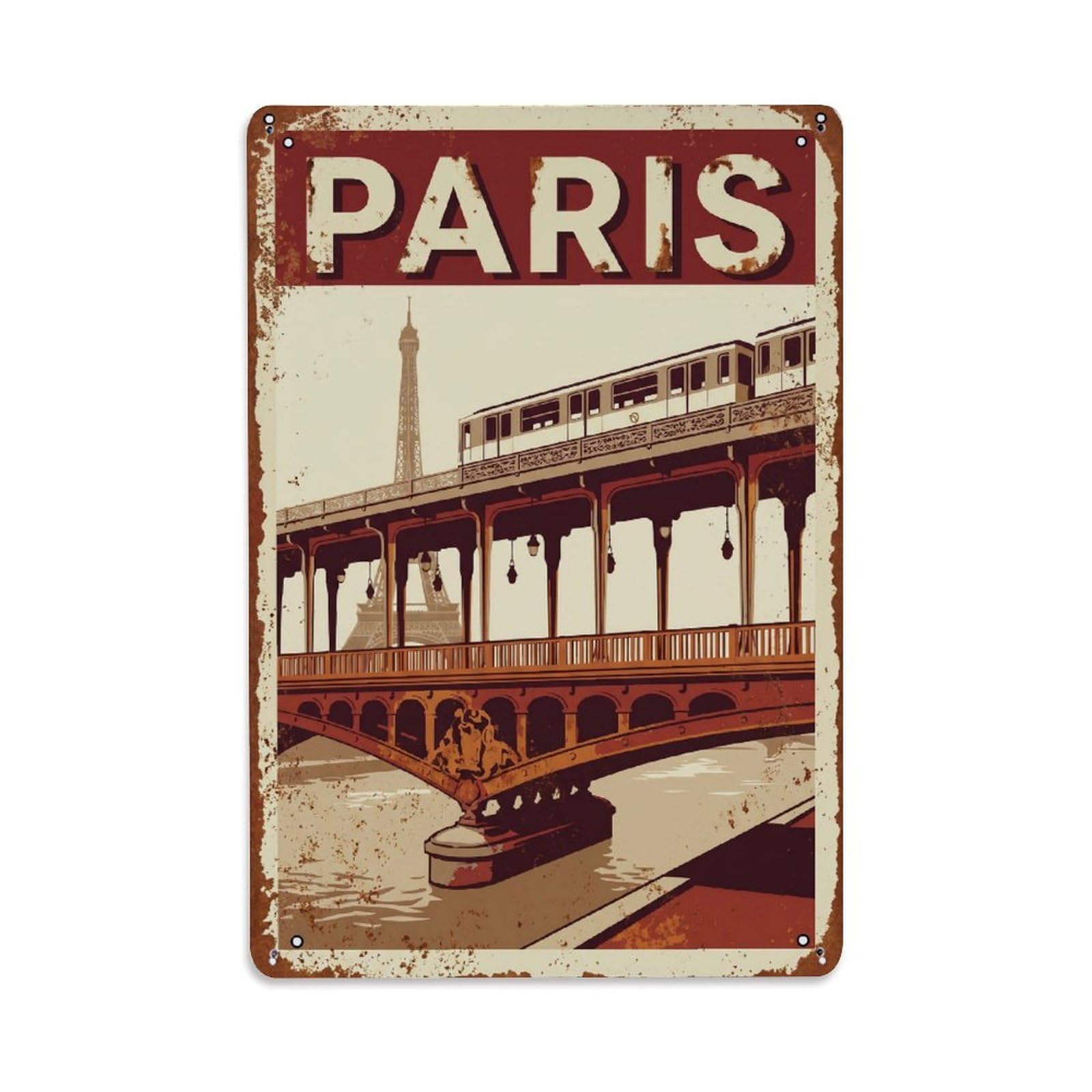 Vintage Travel Paris Pont Bir-Hakeim Metro Bridge Rusted France Metal Tin Sign Plaque Wall Decor for Cafe, Club Bar, Office, Home Garden Metal Poster 8x12Inch