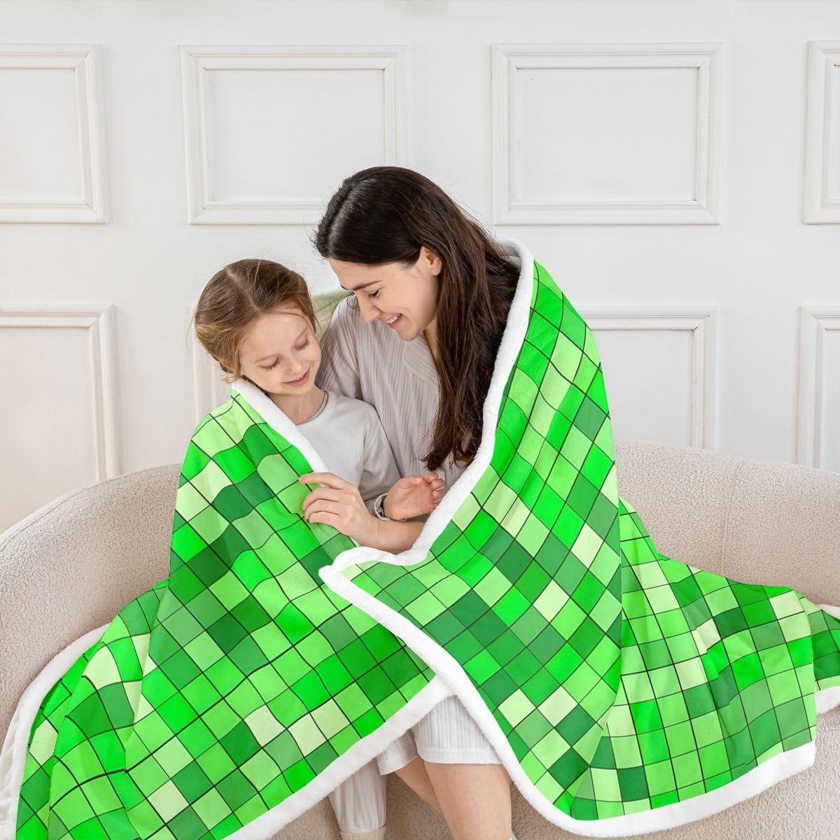 Pixel Fleece Throw Blanket Queen 90"x90" Bright Green Sherpa Blanket Plush Fuzzy for Kids Boys Girls Decor Mining Themed Bed Couch Chair Living Room Breathable Soft Microfiber Gaming Bedroom Decor image 5