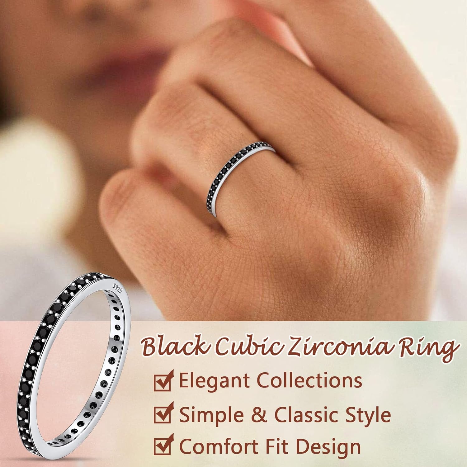 Silvora 925 Sterling Silver CZ Simulated Diamond Stackable Ring Eternity Bands for Women 2mm Wedding Band