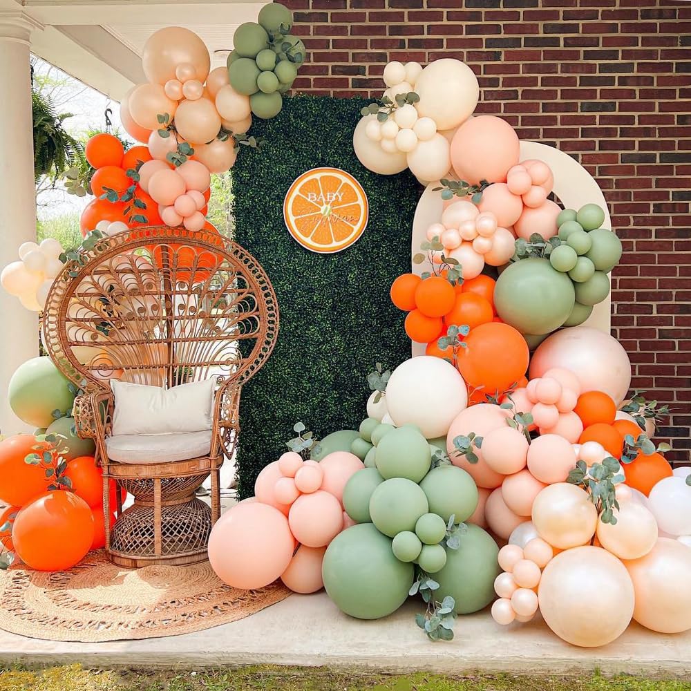 Sage Green & Orange Baby Shower Decorations Kit - Paper Pom Poms, Lanterns, Garland & Banner