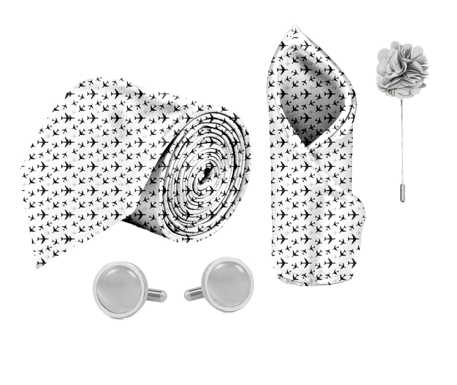 blacksmith White Aeroplane Printed Tie and Pocket Square Set for Men with Natural Stone Cufflink and Matching Flower Lapel Pin-picture-15