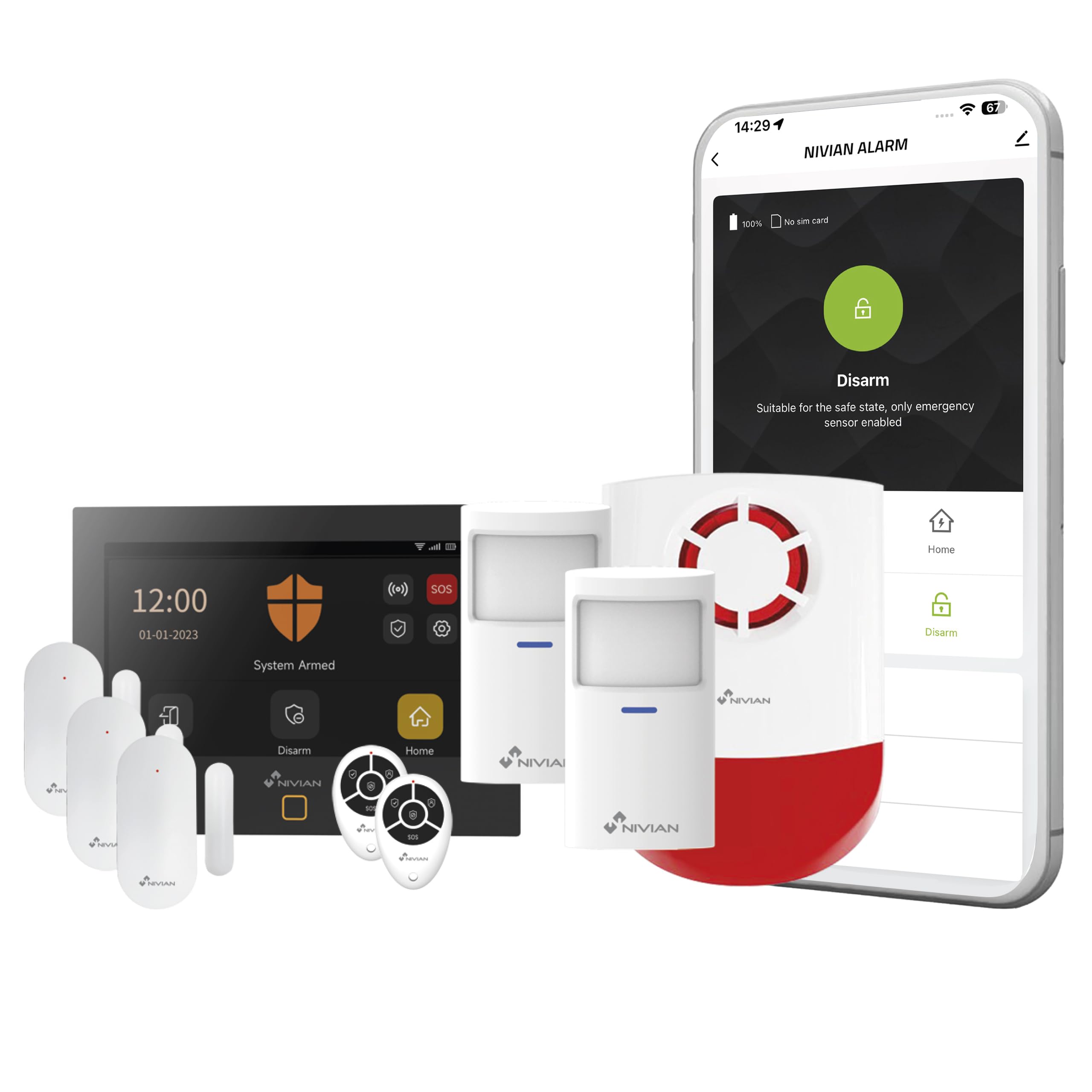 NIVIAN - WiFi + GSM Alarm System for Home or Business | App Control + SIM (SMS and Calls) | Complete Kit with Siren, Sensors and Remote Control | Anti Tamper, Multi-User