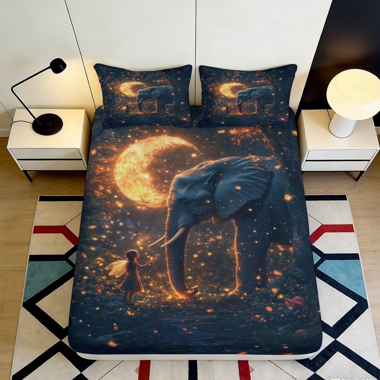 3D Printed Moon Elephant Fitted Sheet Microfiber Deep Pocket Non-Slip Moon Elephant Mattress Fitted Cover for Bedroom 180x200x25cm