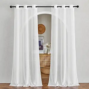 NICETOWN White Sheer Living Room Curtains 96 inches Long, Grommet Semi Sheer Light Filtering Window Treatments Privacy Linen Weave Drapes for Bedroom, W42 x L96, 2 Panels