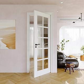 30"x80" CARB P2 Solid Core & Pre-Finished Thick SGCC Clear Glass Doors, Interior Door for Room, 10 Lite Glass Swing Shaker w/o Prehung Jamb, Single French Door Slab, Barn Wood Panel for Closet Doors