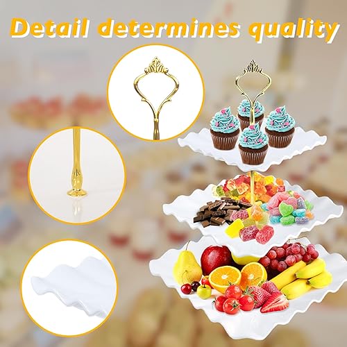 Miniatura 5 de Juego de 5 soportes para cupcakes, juego de mesa de postres con 2 soportes para cupcakes de 3 niveles + 3 bandejas de aperitivos perfectas (onda)