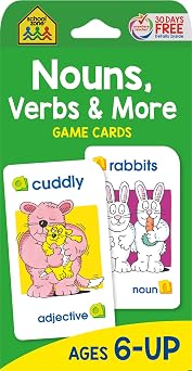 School Zone Nouns, Verbs & More Game Cards 56 Cards, Kindergarten, 1st Grade, Grammar, Early Reading, Parts of Speech, Word-Picture Association, Sentence Structures, Ages 6+