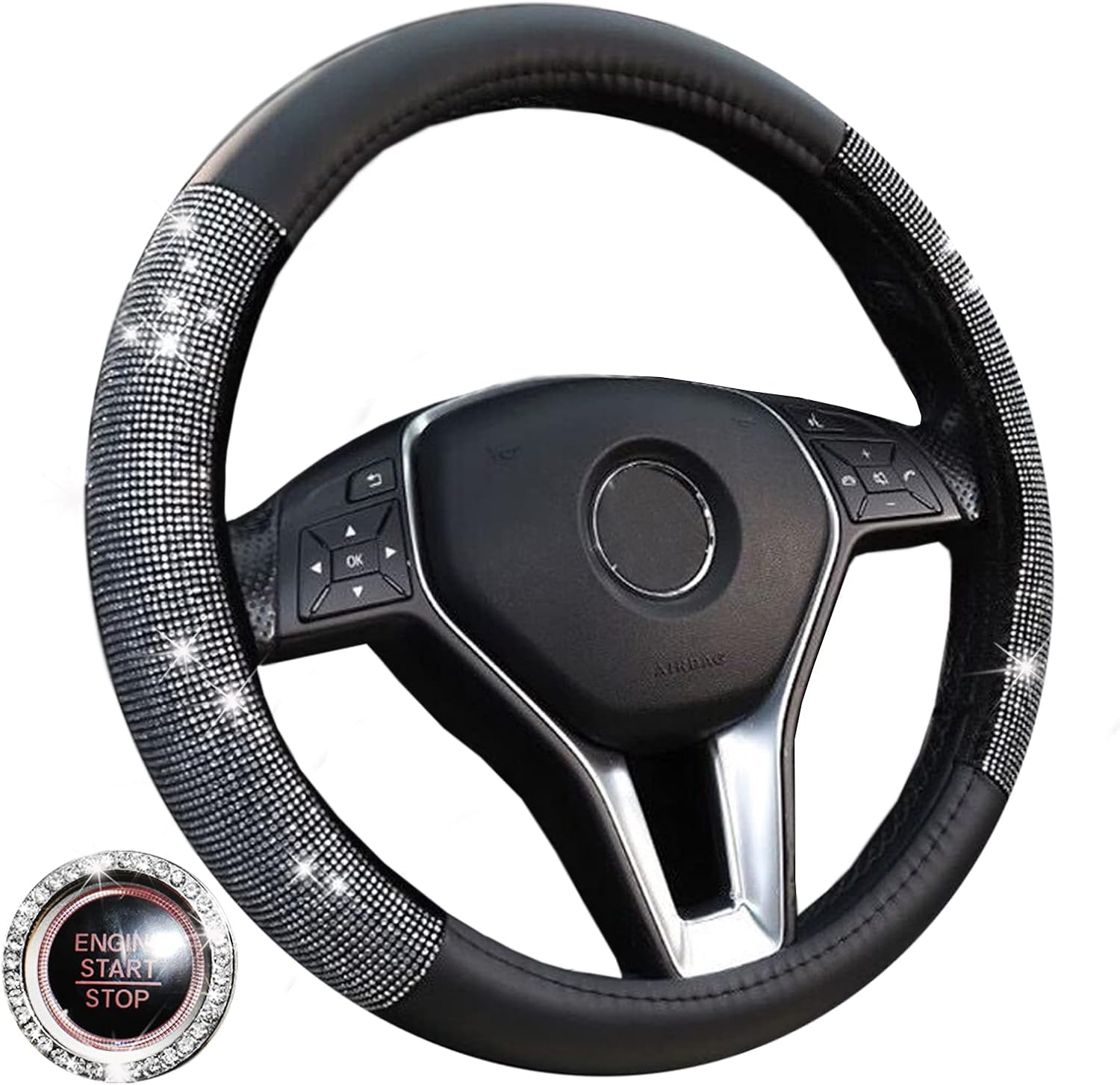 Alvaza Microfiber Leather Steering Wheel Cover with Crystal Bling Bling Rhinestones Car Diamond Anti-Slip Breathable Steering Cover for Vehicles 15 Inch Universal + Bling Ring