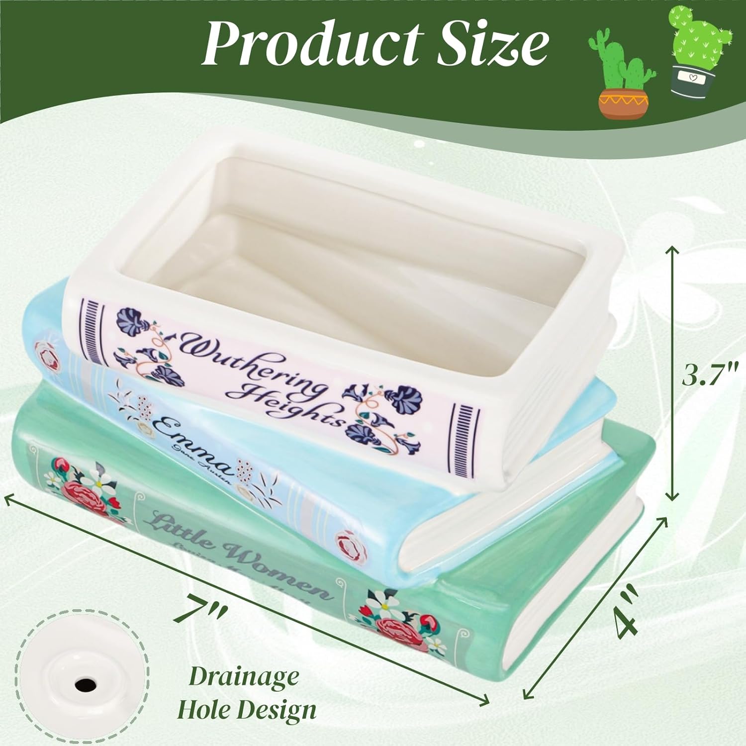 Book Planter Pot, Ceramic Book Shaped Decorative Planter with Drainage Hole, Small Literary Planter Unique Flower Vase Bookshelf Accent for Home Decor Gifts