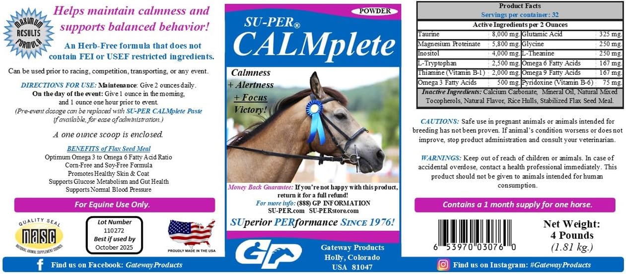 SU-PER CALMplete Calming Horse Supplement - Maintain Calmness & Balanced Behavior - Thiamine, Tryptophan & Magnesium - 4 Pounds