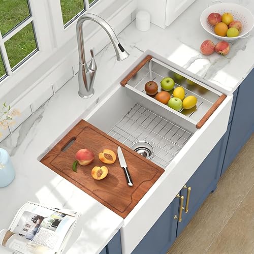 White Farmhouse Sink - 33 Inch Kitchen Sinks Workstation Apron Front Flat Fireclay 33"x20" Porcelain Ceramic Single Bowl Farmer Sink Farm Sinks 33x20x10 Inch