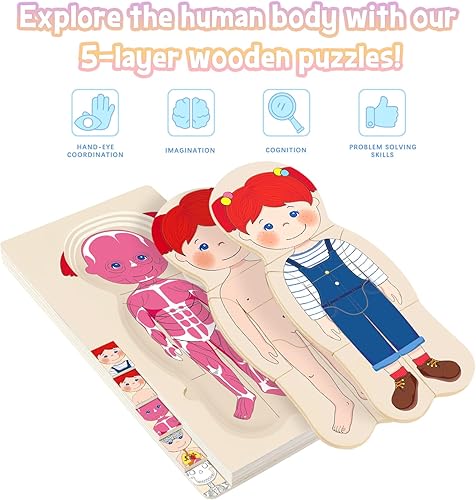 Miniatura 9 de MoinKidz Rompecabezas de madera para niños pequeños y niños, rompecabezas de anatomía Montessori para niños, juego preescolar de aprendizaje de