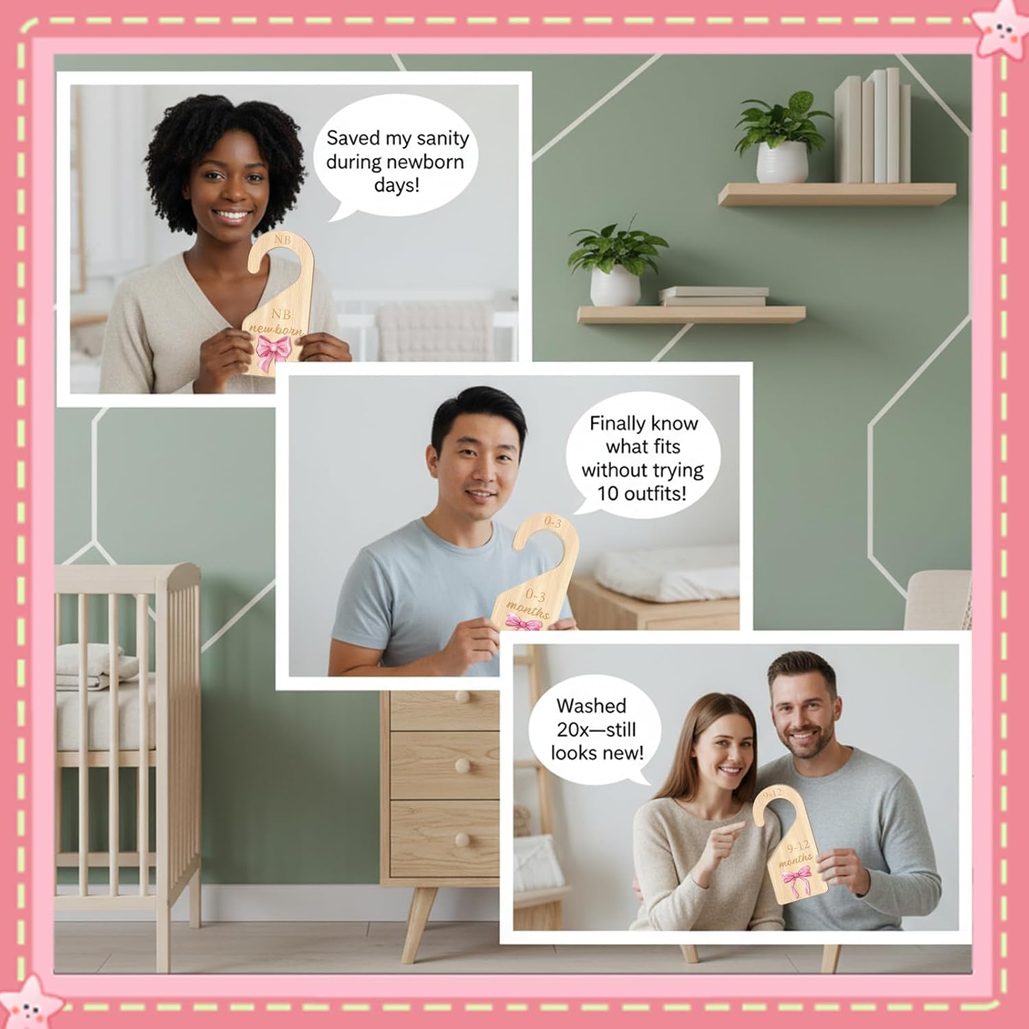 TheClover Closet Dividers Pink Bow Organizer - 7-Pack Wooden Hanging Size Separators for Wardrobe, Months Labels, Sweet Room Storage Accessories