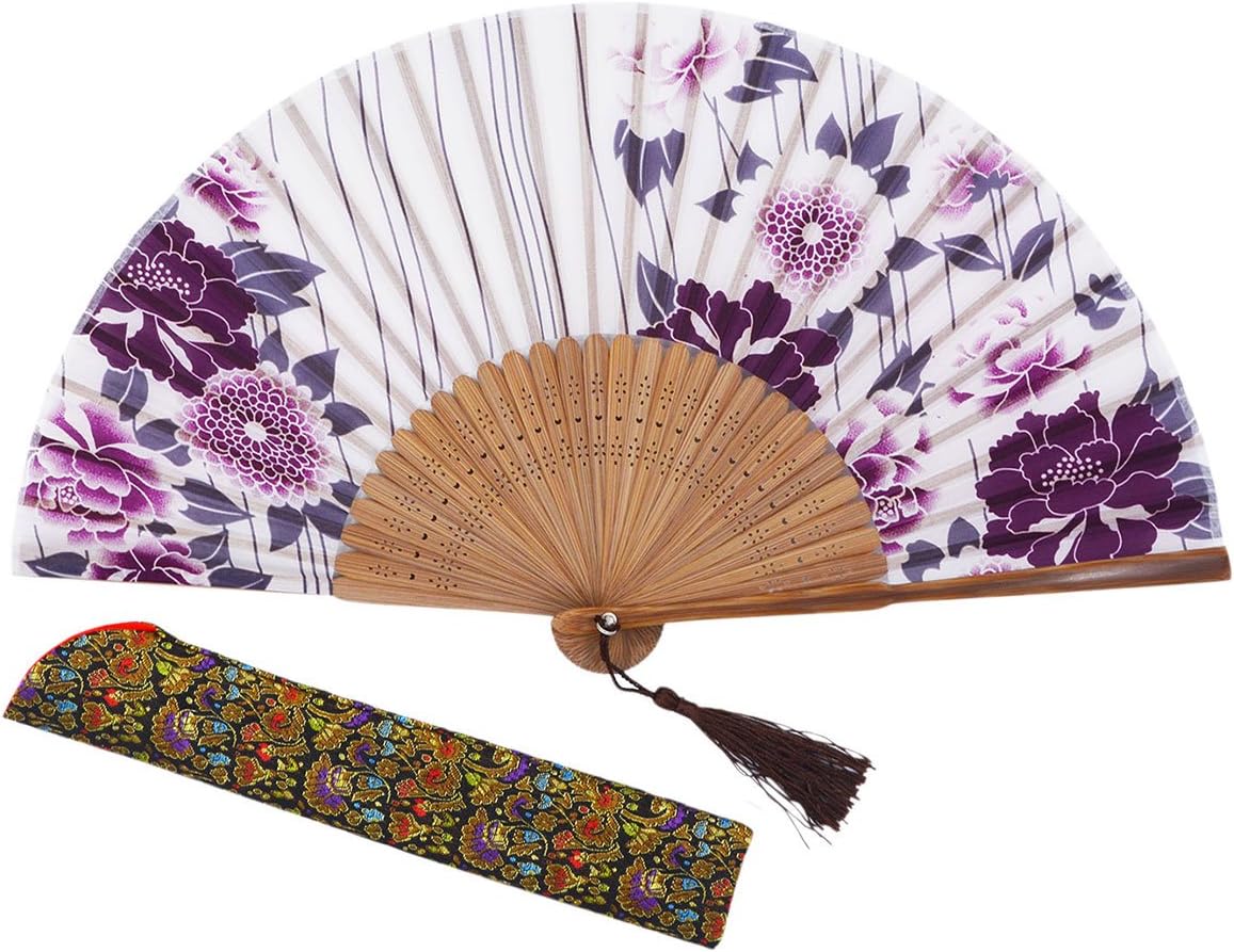 8.27" (21cm) Hand Held Bamboo Silk Folding Fan, Chinese/Japanese Charming Elegant Vintage Retro Style, Women Ladies Girls for Birthday, Wedding, Party, Dancing, Stage Performance