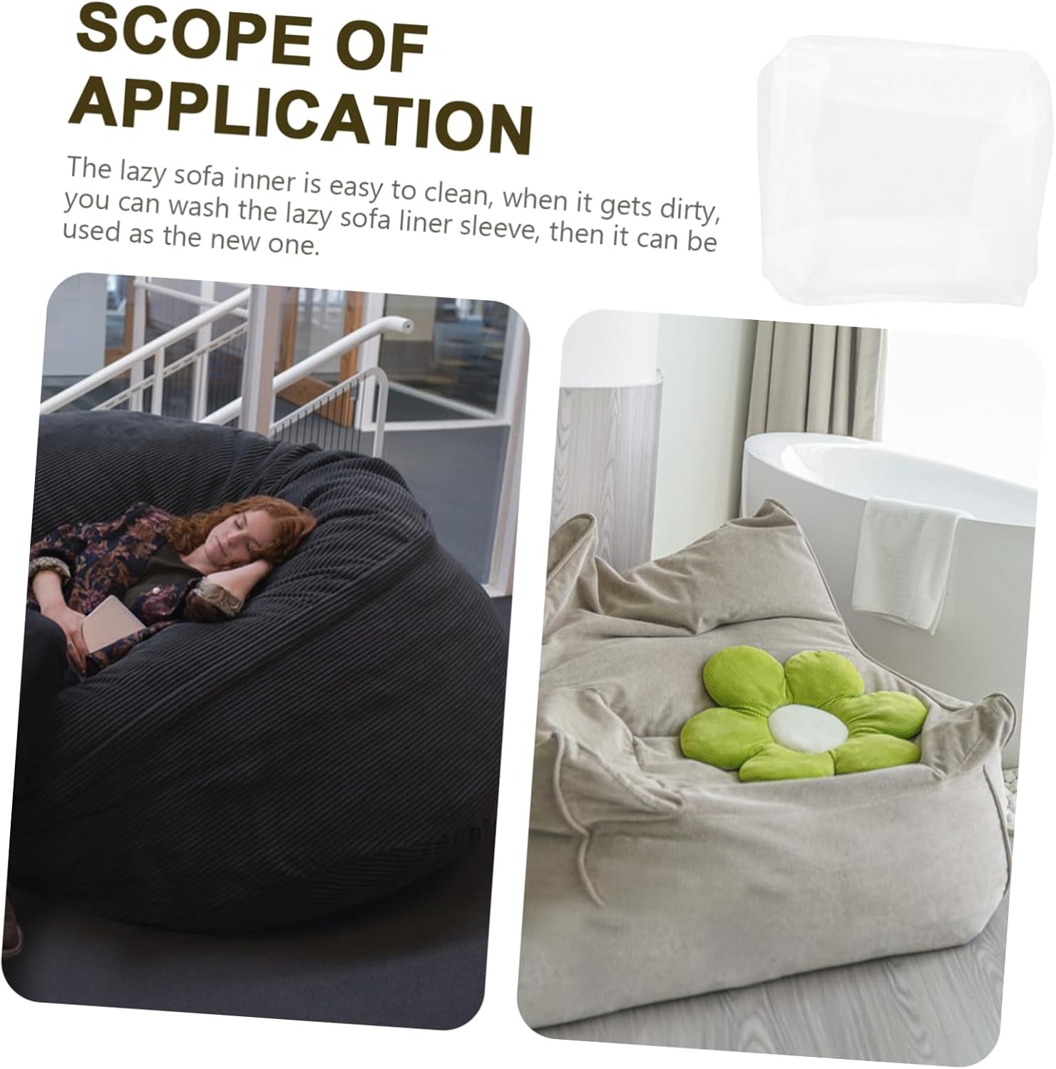 White Fabric Bean Bag Liner with Zipper, Soft Lazy Sofa Insert