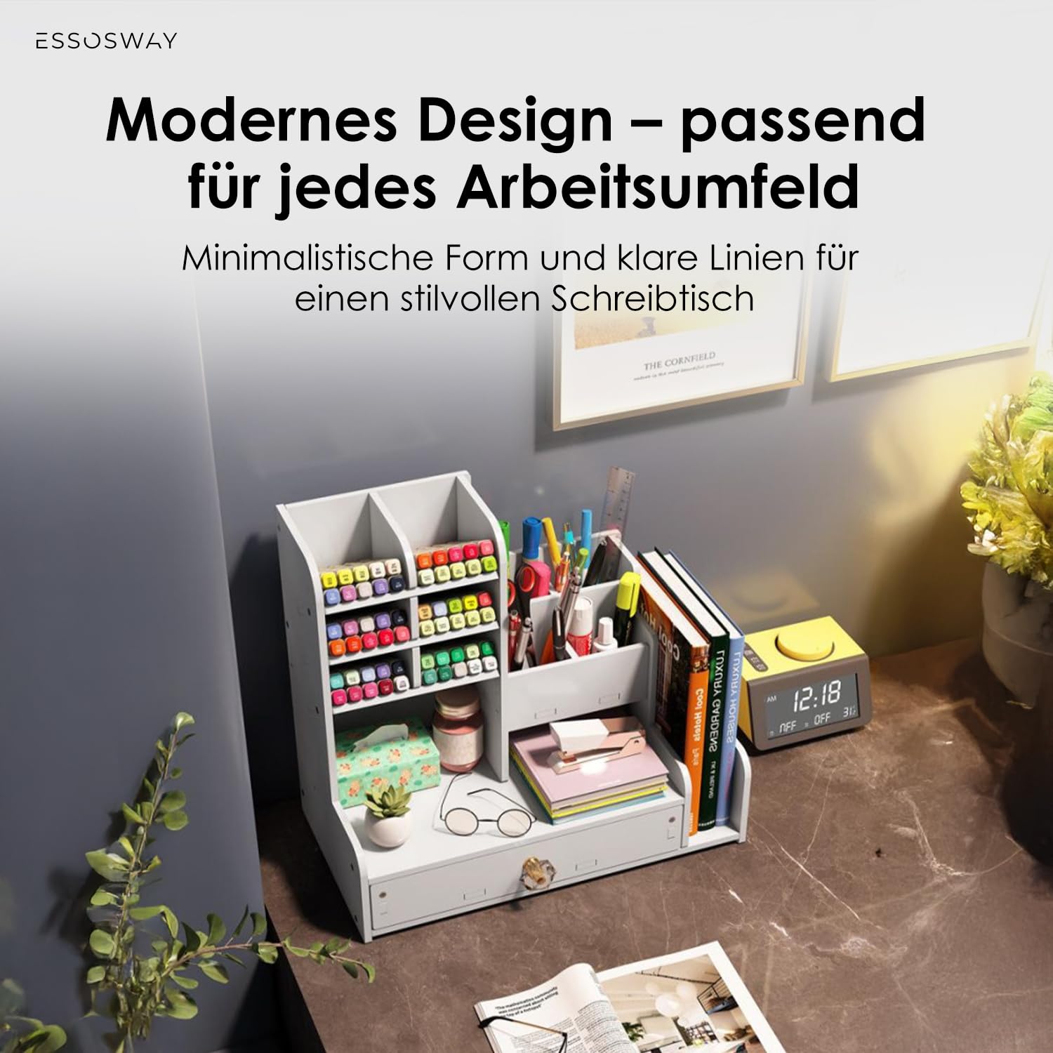 Schreibtisch Organizer - mit Stiftehalter - 14 Sortierfächer und Schublade - Büro Home Office Schule Zubehör - Weiß