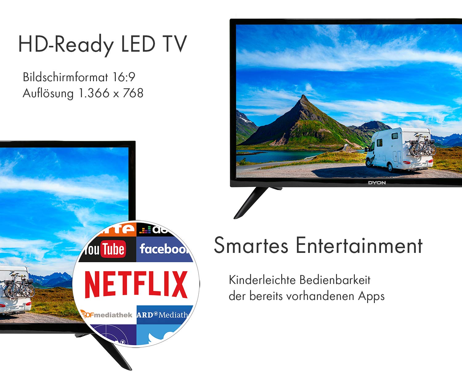 SCHWAIGER TVSET3 SAT Camping Set inkl. TV 24 Zoll HD+ Satellitenschüssel Single LNB Koaxialkabel 10m Dreibeinstativ SAT-Finder Stahl-Antenne 42x42cm