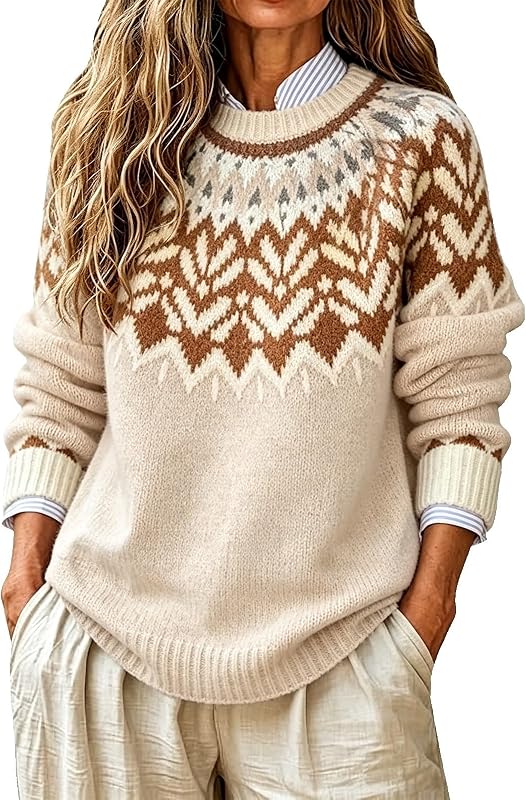 Fair Isle Sweater Women Oversized Retro Graphic Crewneck Knit Pullover Tops
