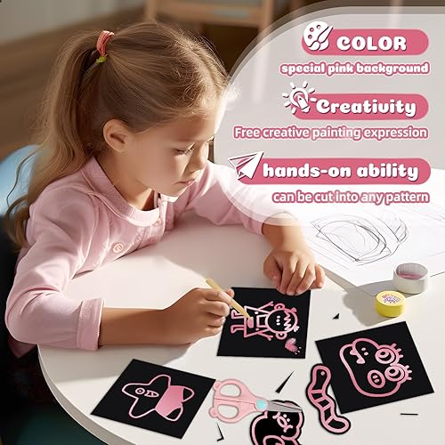 Miniatura 5 de Ambesi Recuerdo de fiesta rosa metálico para niños, 150 notas de arte para rascar para niñas de 4, 5, 6, 7, 8, 9, 10 años, manualidades de papel