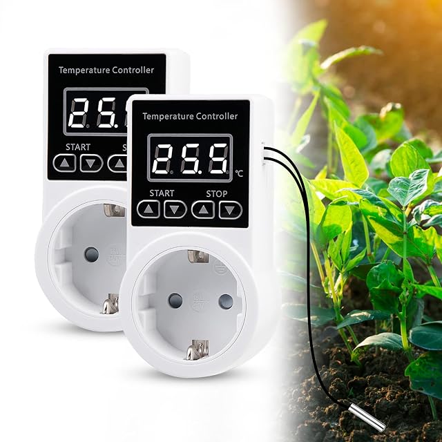 Juego de 2 enchufes termostáticos digitales con sonda e interruptor impermeable