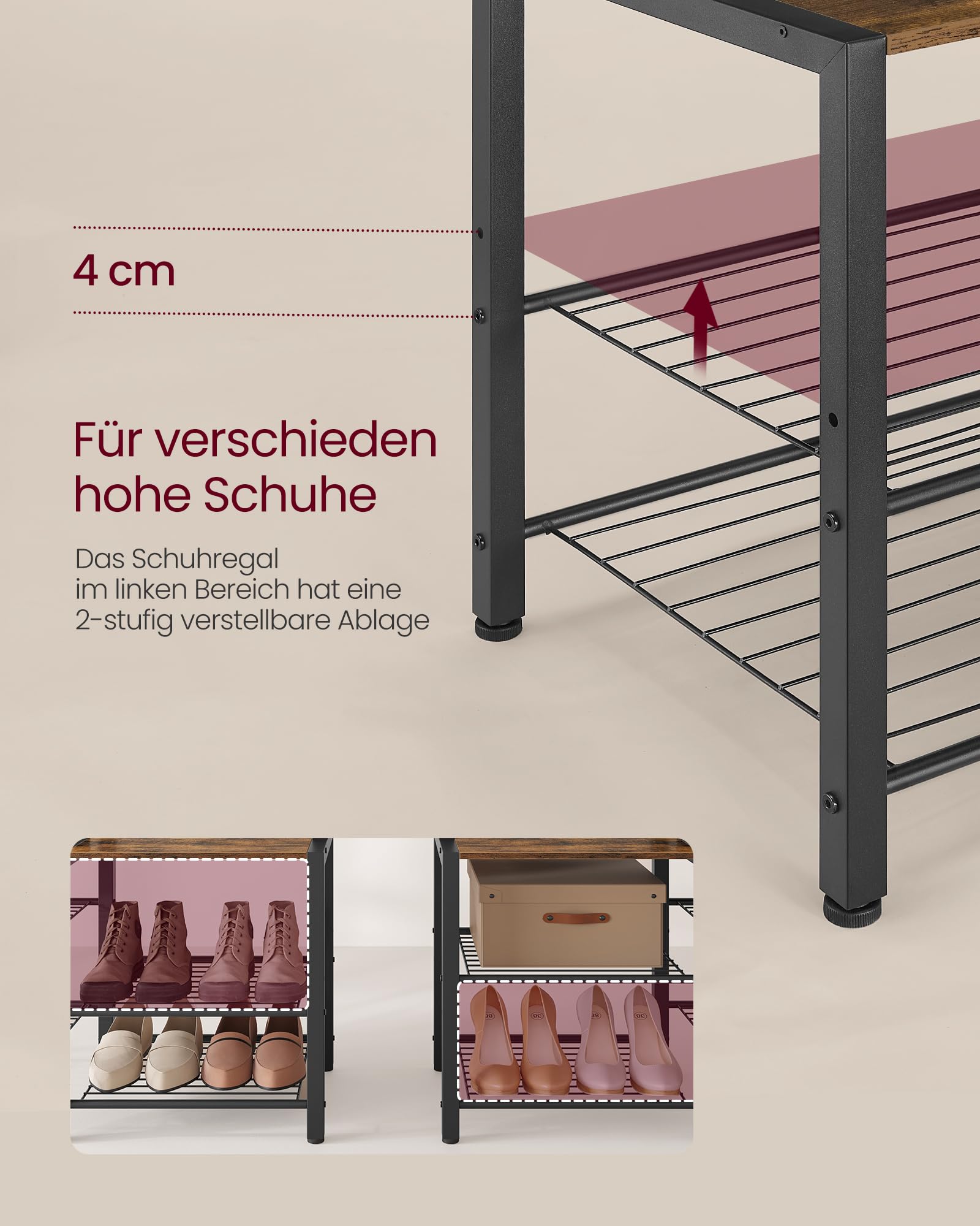 VASAGLE Garderobenständer mit Schuhbank, Garderobe, 5 Regalebenen aus Spanplatten, 9 Dreifach-Haken, 6 seitliche Haken, 40 x 120 x 190 cm, vintagebraun-tintenschwarz HSR426B01