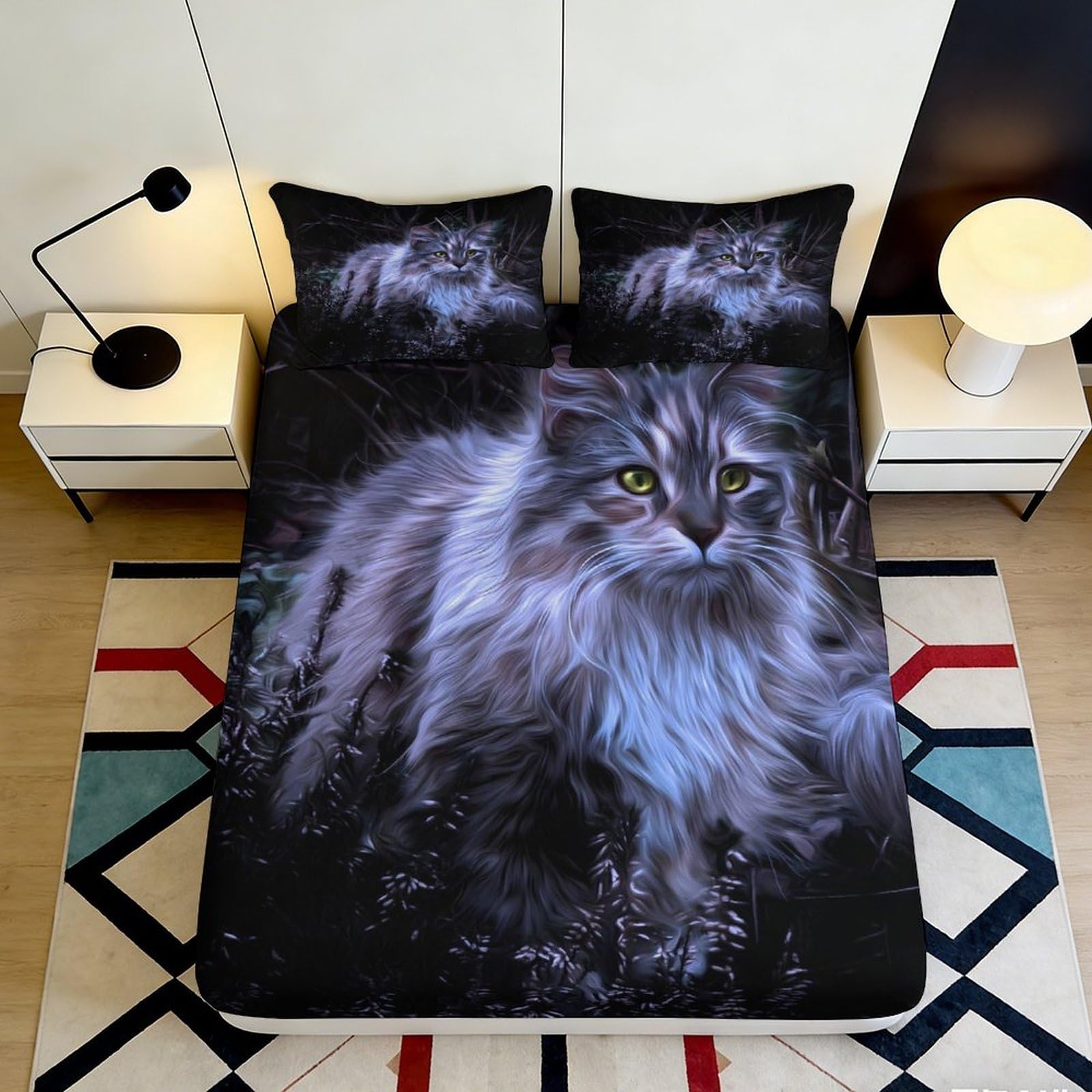 3D Printed Grey Cat Fitted Sheet Microfiber Soft Breathable Fluffy Cat Mattress Cover for Bedroom Dormitory Guest Room Mattress Protection Decor 120x200x25cm