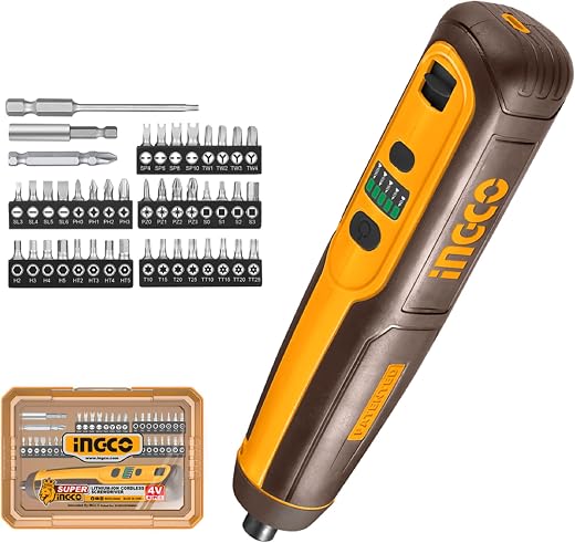 INGCO 4V Cordless Screwdriver 5N.m, LED Work Light, 260RPM, 1/4" Hex Shank, With 40Pcs 25mm Cr-V bits+Holder, 1Pcs 50mm C...