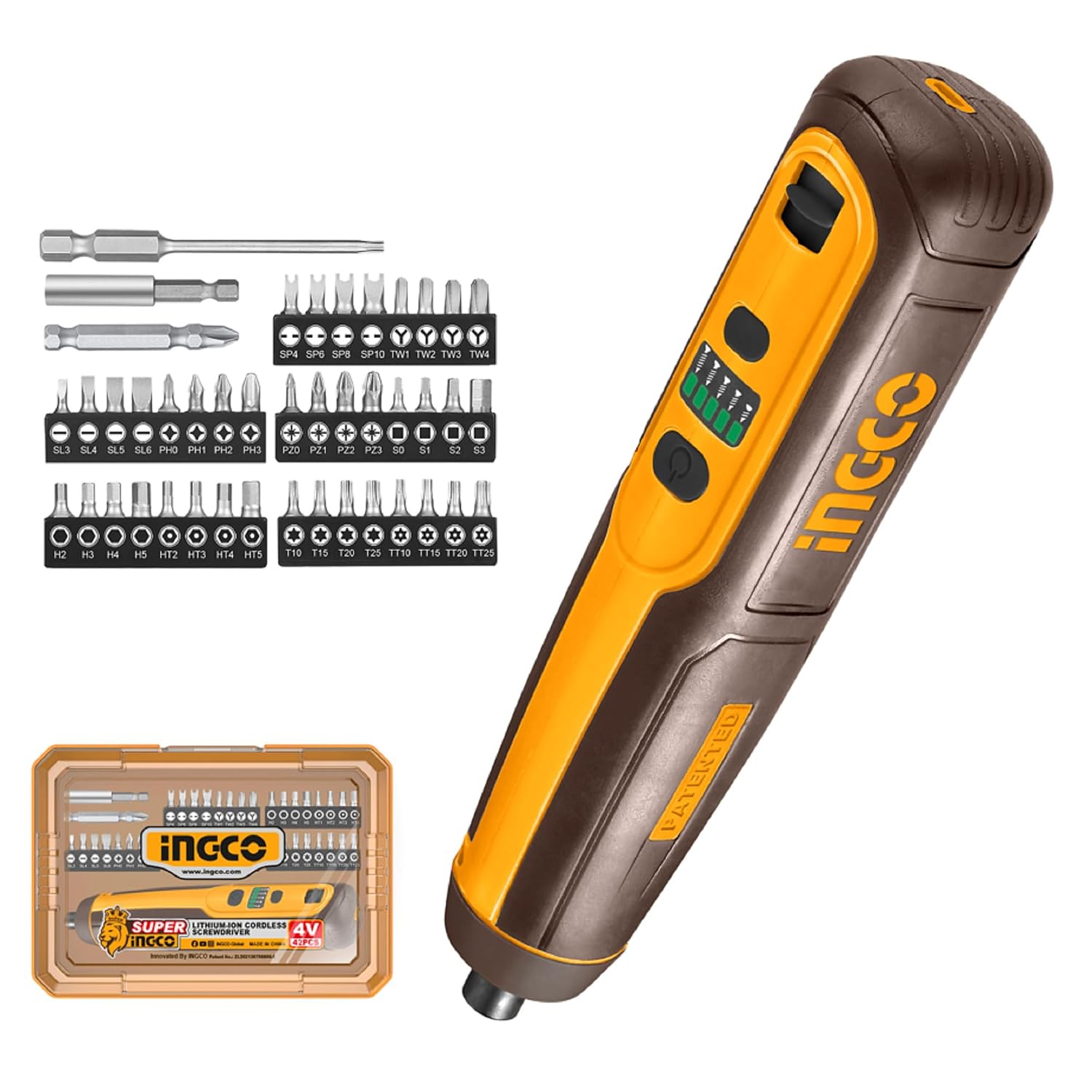 INGCO 4V Cordless Screwdriver 5N.m, LED Work Light, 260RPM, 1/4" Hex Shank, With 40Pcs 25mm Cr-V bits+Holder, 1Pcs 50mm C...